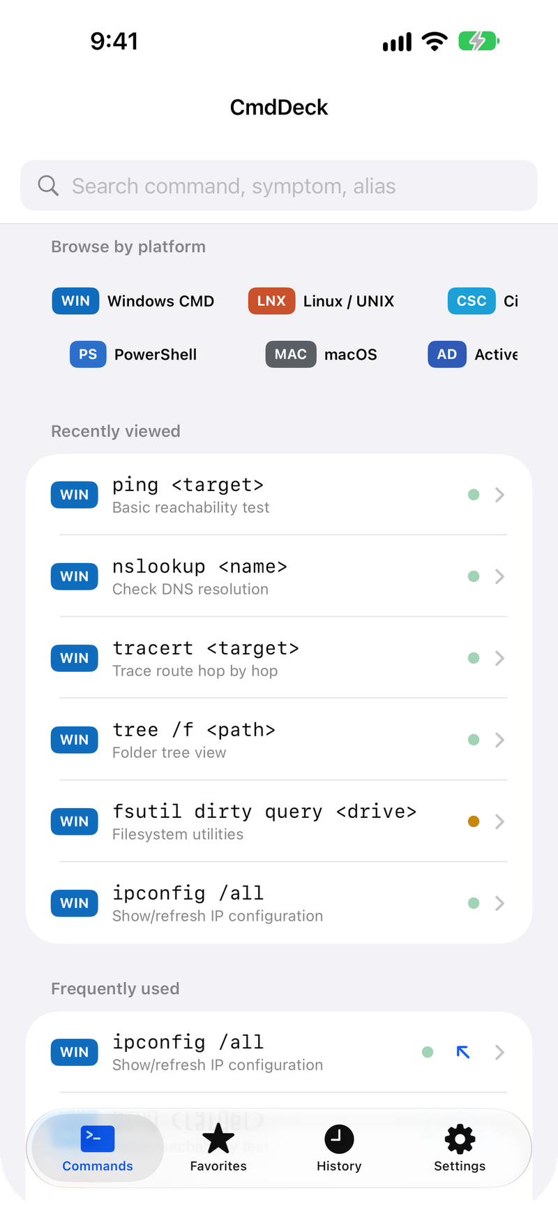 CmdDeck command list screen