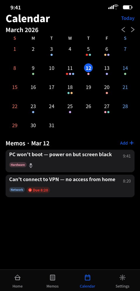 Calendar with category dots & overdue