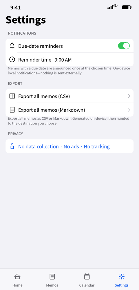 Settings (reminders & CSV/Markdown export)