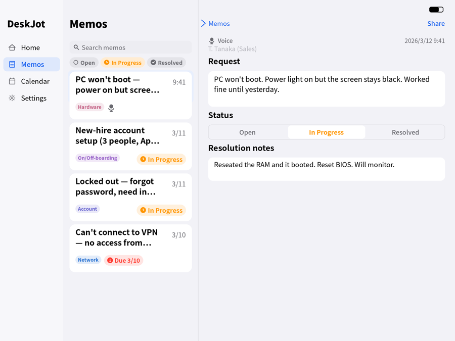 iPad split view: list and detail