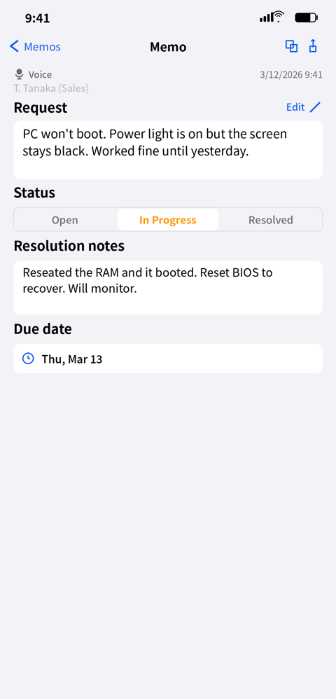 Memo detail with hints and resolution notes