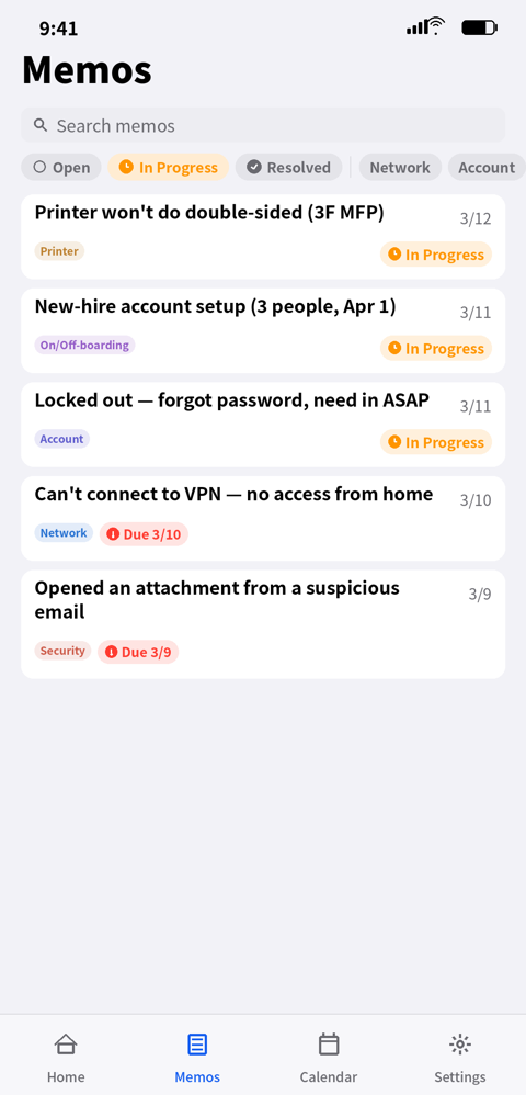 Memo list with filters and search
