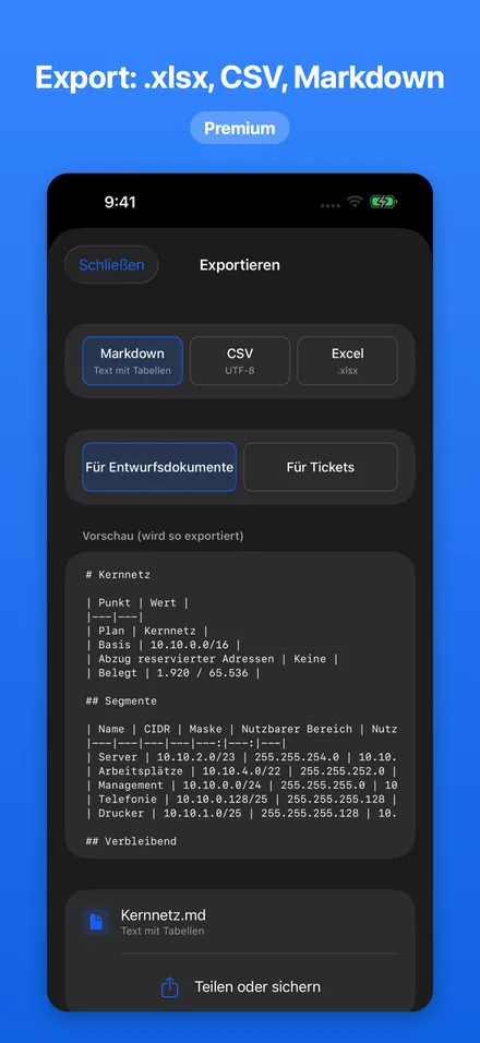 Export: .xlsx, CSV, Markdown