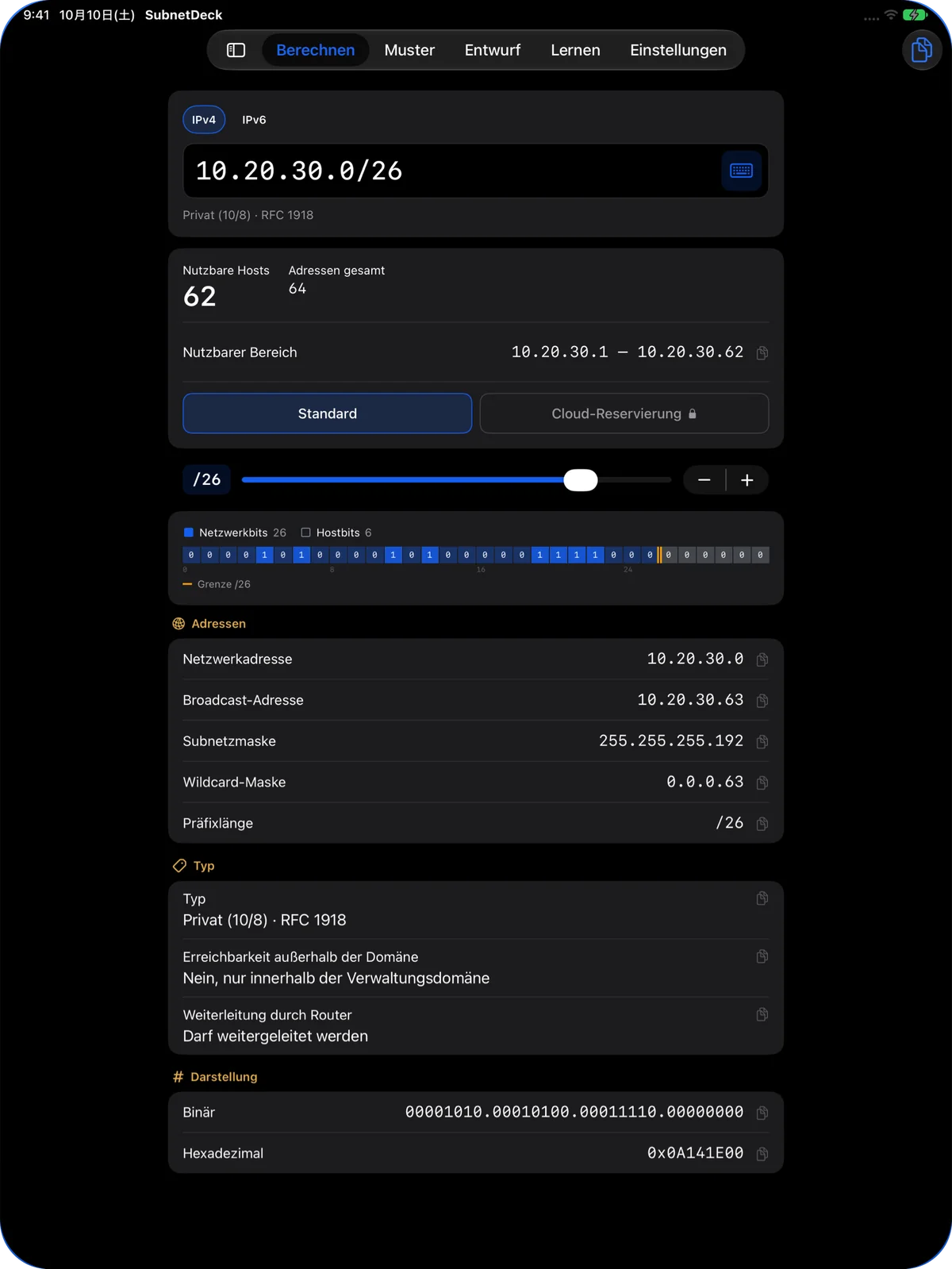 Tab „Berechnen“ auf dem iPad: Ergebnisse für 10.20.30.0/26 mit Typ, Binär- und Hexdarstellung