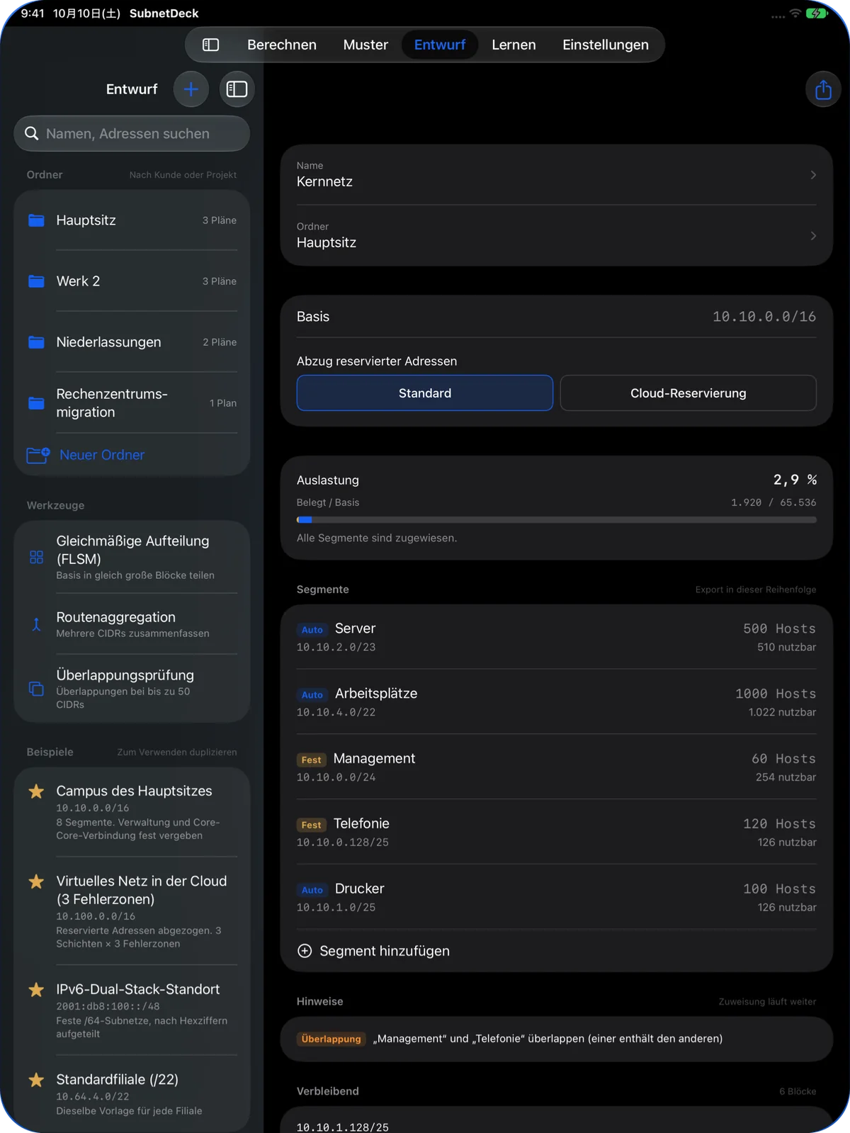 Tab „Entwurf“ auf dem iPad mit Ordnern und Werkzeugen links und einem Plan rechts