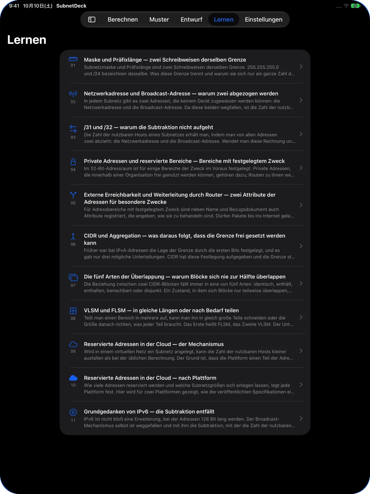 Tab „Lernen“ auf dem iPad mit allen 11 Themen