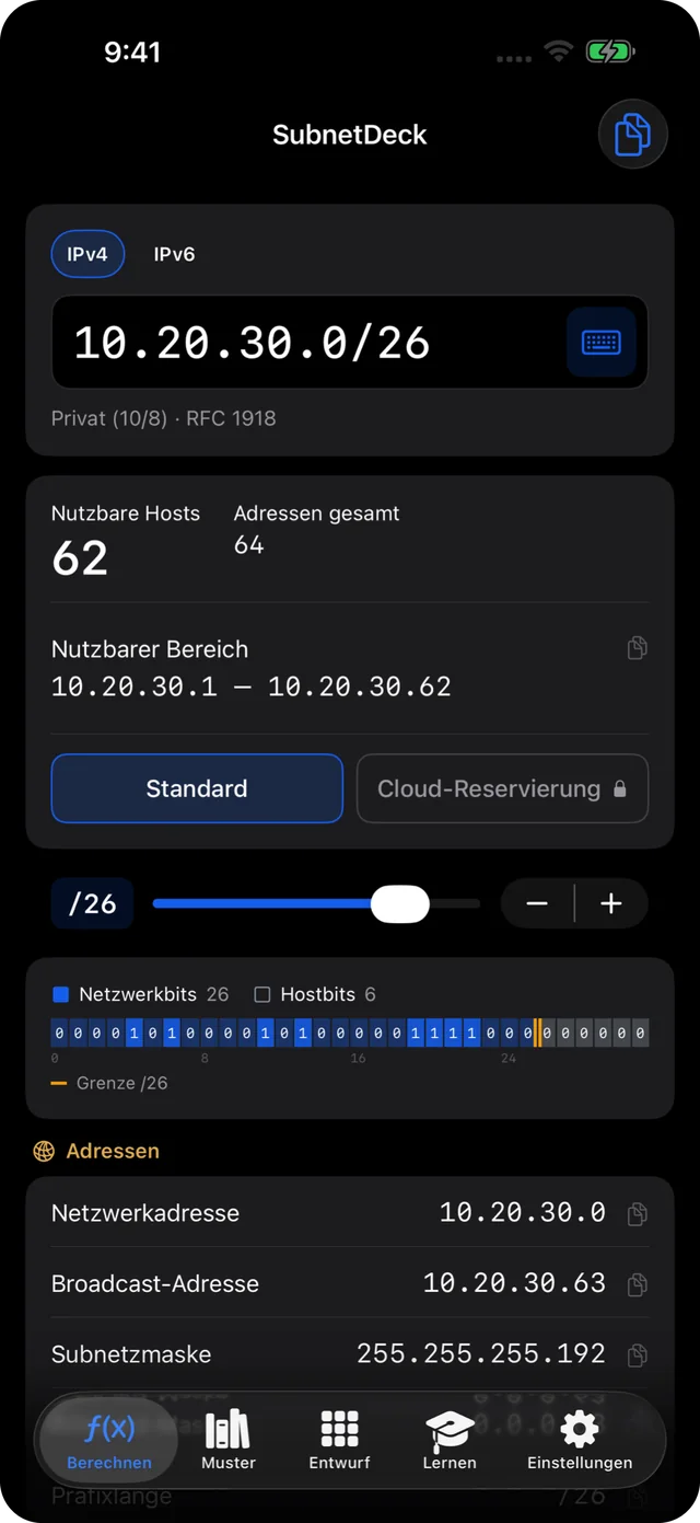 IPv4-Subnetzberechnung für 10.20.30.0/26