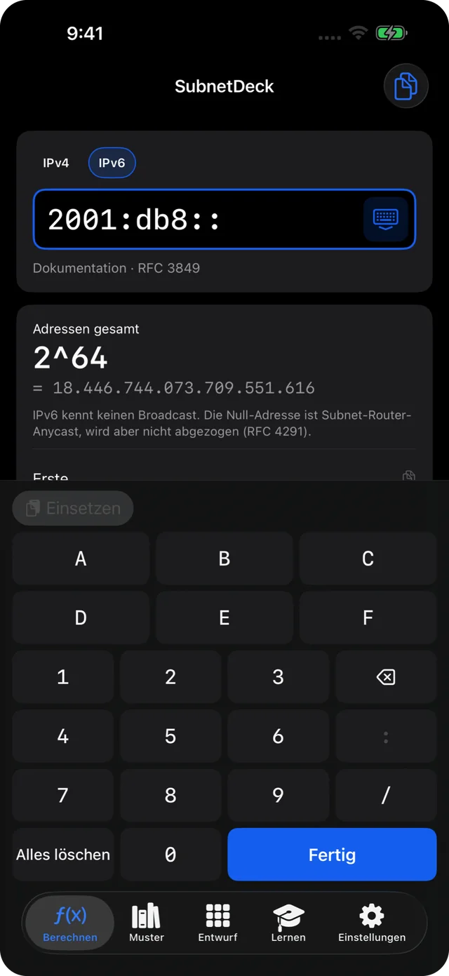 IPv6-Subnetzberechnung: 2001:db8::/64 auf der Hex-Tastatur