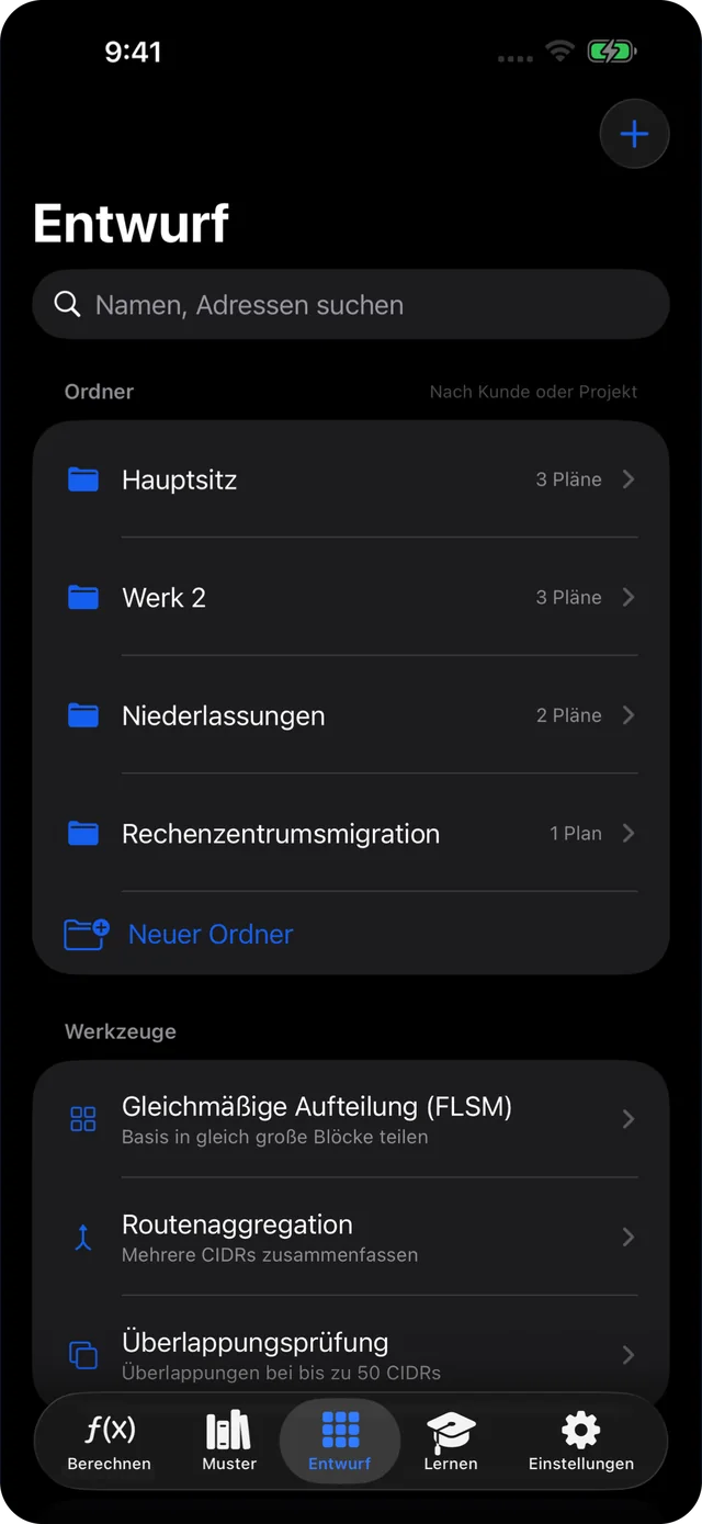 Tab „Entwurf“ mit einem Ordner pro Standort
