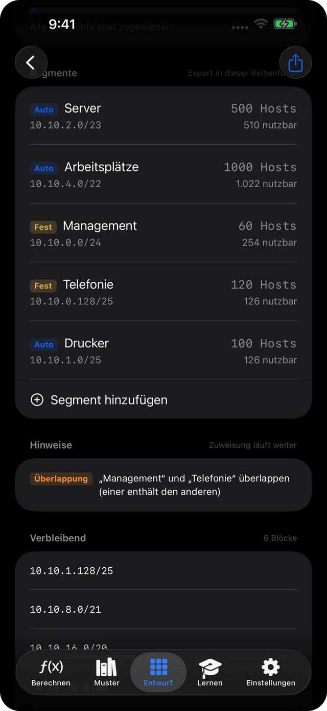 Automatische VLSM-Zuteilung für Server, Arbeitsplätze, Management, Telefonie und Drucker