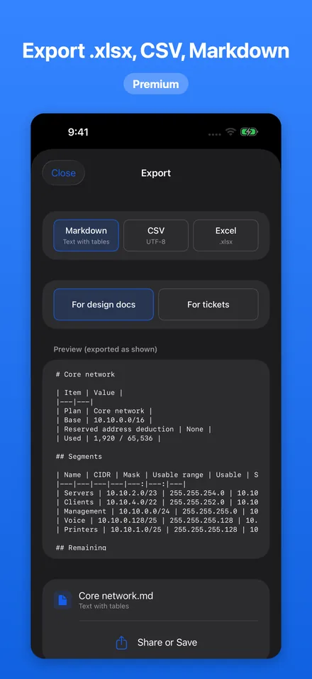 Export .xlsx, CSV, Markdown