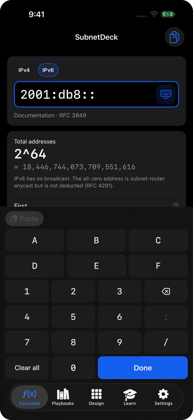 IPv6 subnet calculation, entering 2001:db8::/64 on the hex keypad
