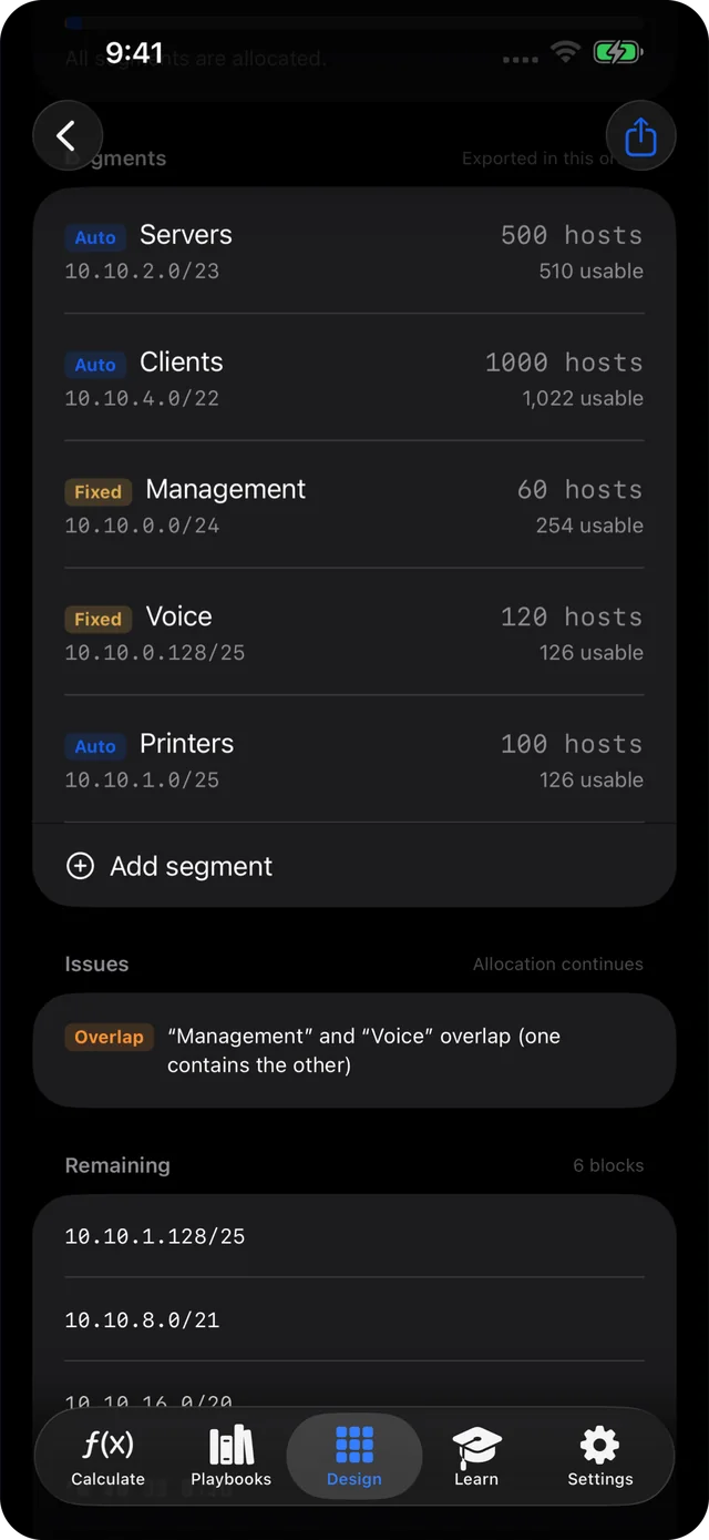 Automatic VLSM allocation for server, client, management, voice and printer segments