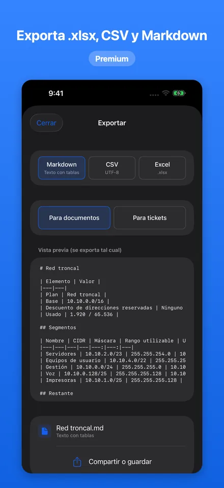 Exporta .xlsx, CSV y Markdown