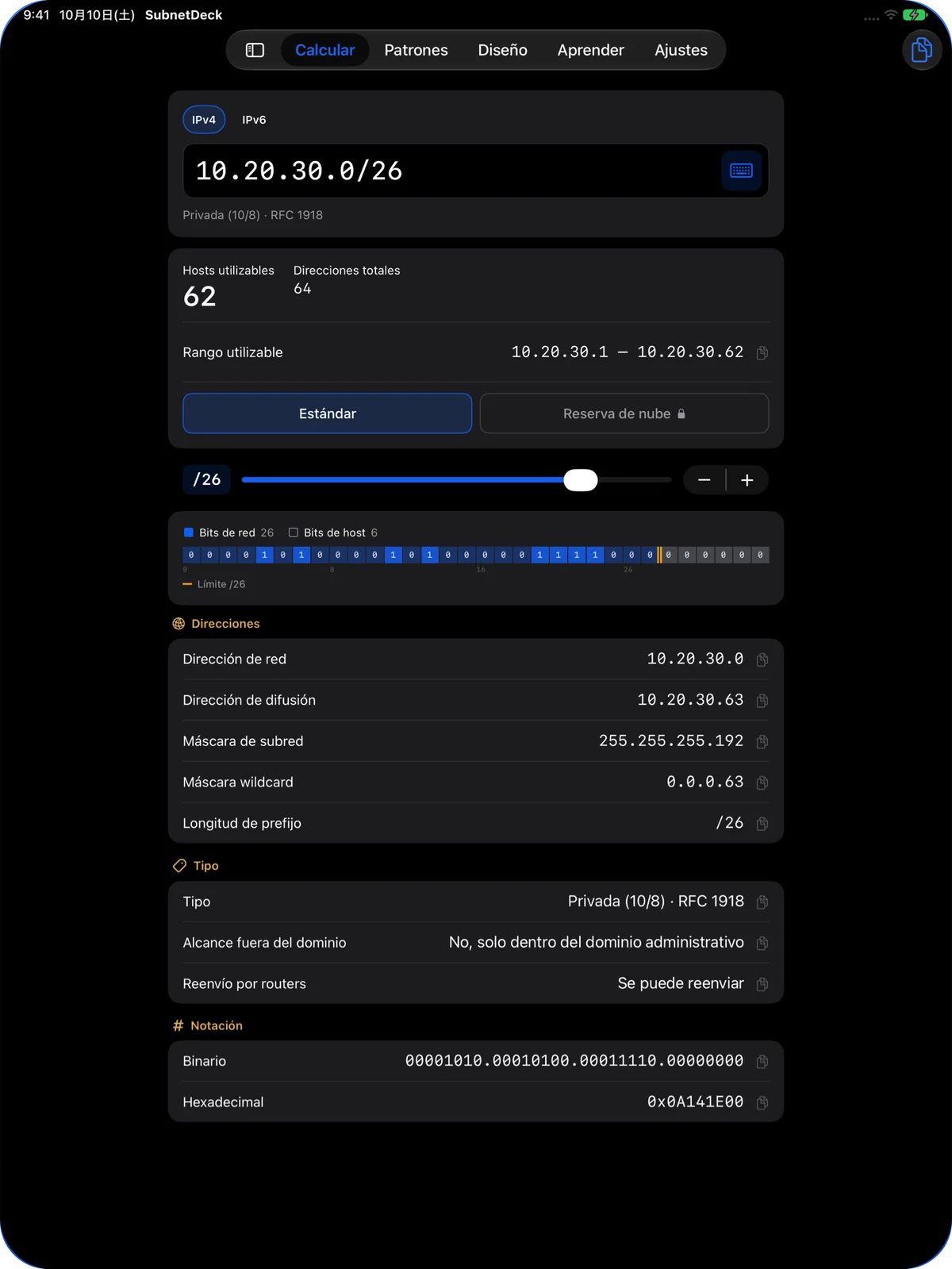 Pestaña Calcular en el iPad: resultados de 10.20.30.0/26 con tipo, binario y hexadecimal