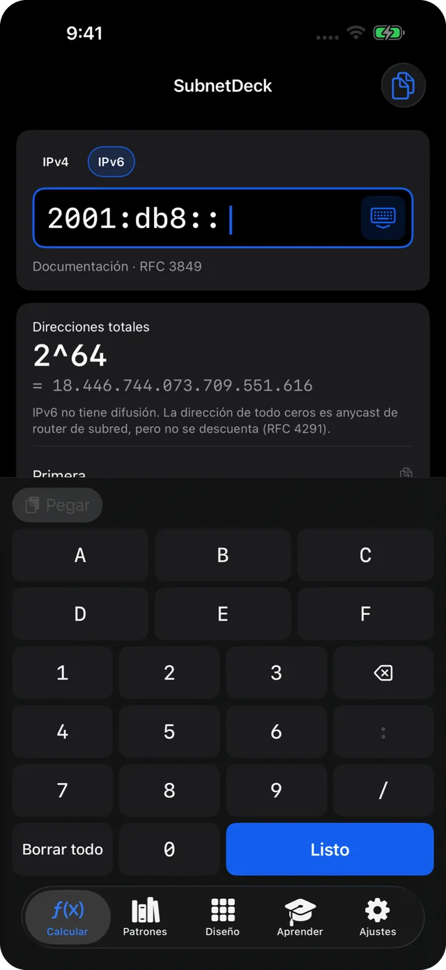 Cálculo de subred IPv6: 2001:db8::/64 en el teclado hexadecimal