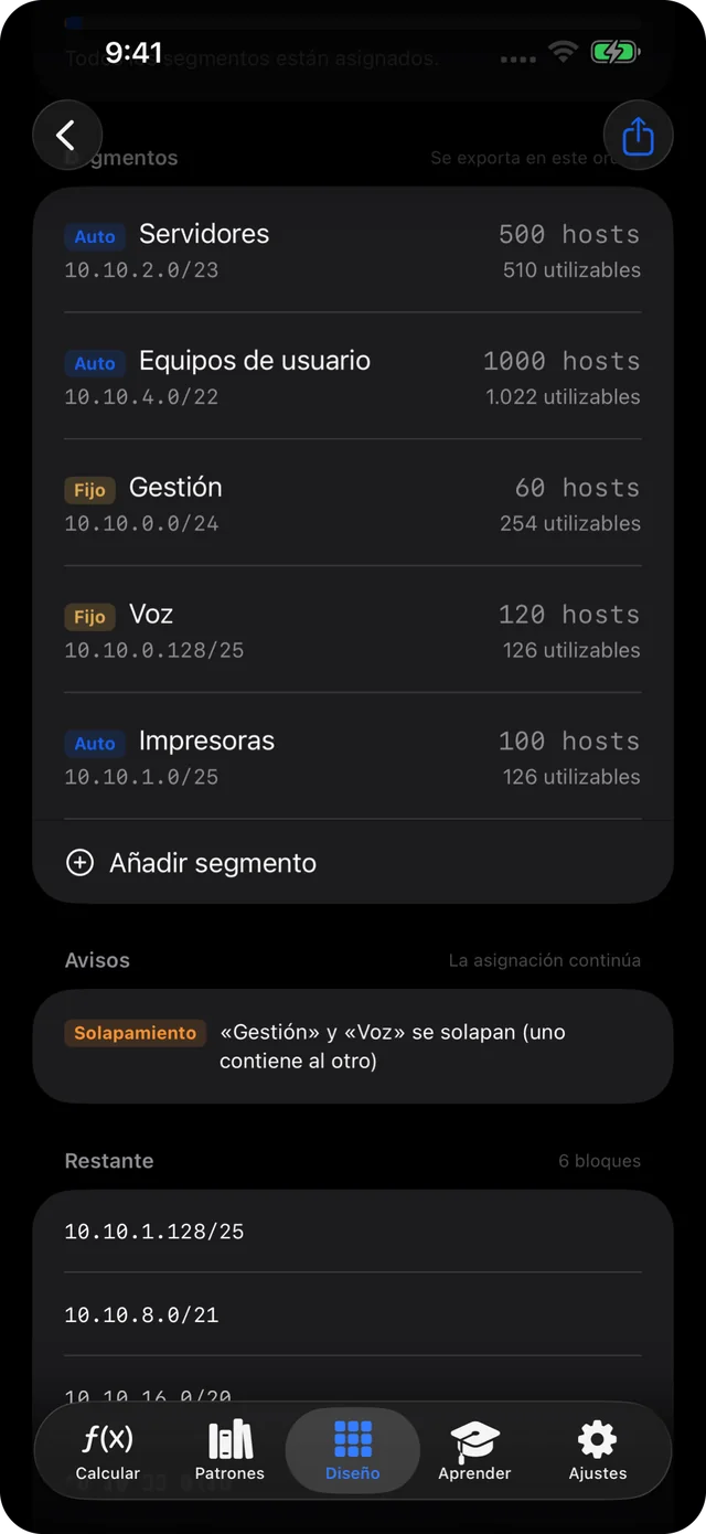Asignación VLSM automática para segmentos de servidores, equipos, gestión, voz e impresoras
