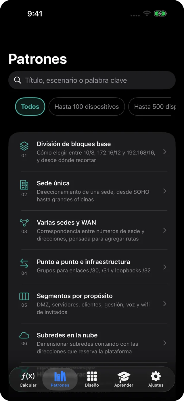 Lista de patrones en 9 categorías