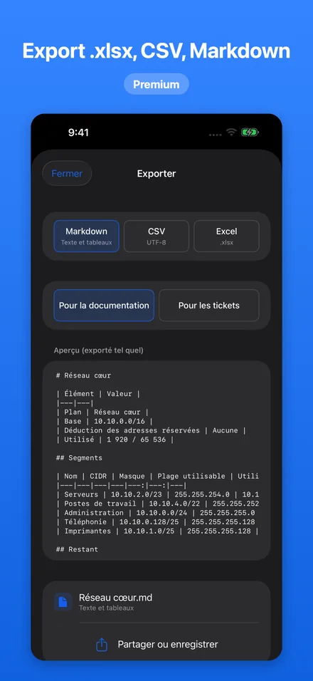 Export .xlsx, CSV, Markdown