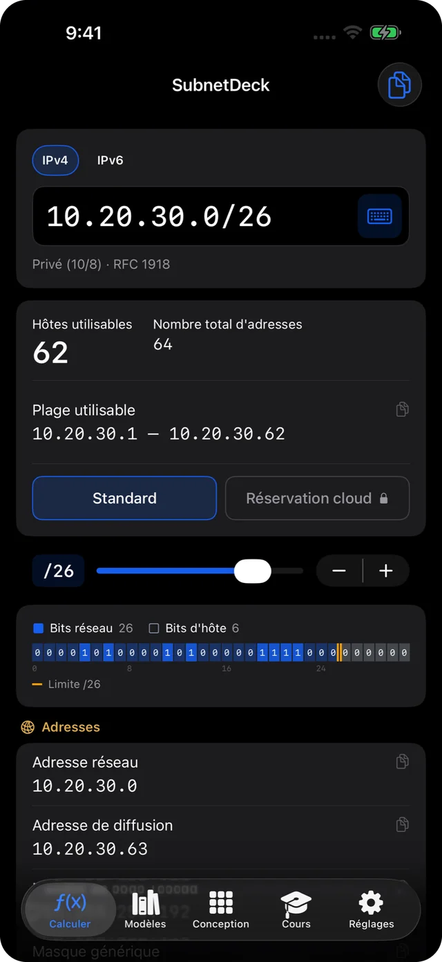 Calcul de sous-réseau IPv4 pour 10.20.30.0/26