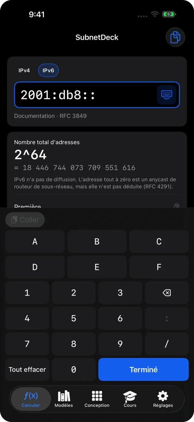 Calcul de sous-réseau IPv6 : saisie de 2001:db8::/64 sur le clavier hexadécimal