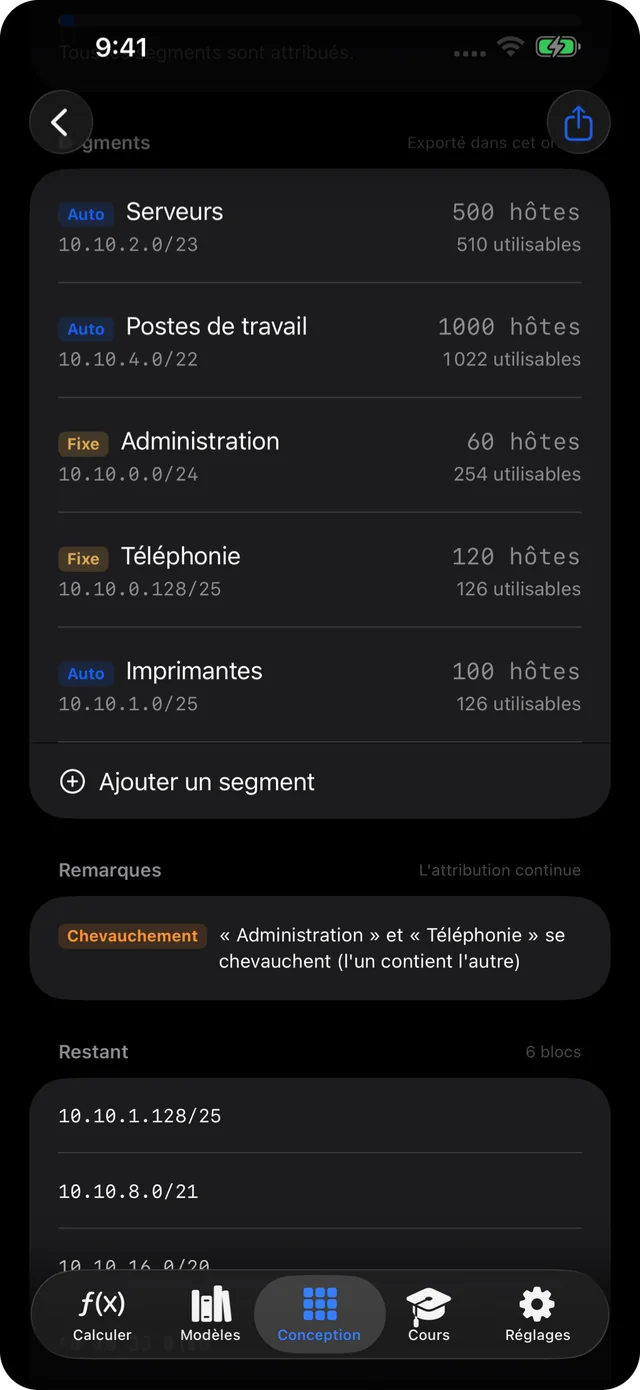 Allocation VLSM automatique pour les segments serveurs, postes, administration, voix et imprimantes