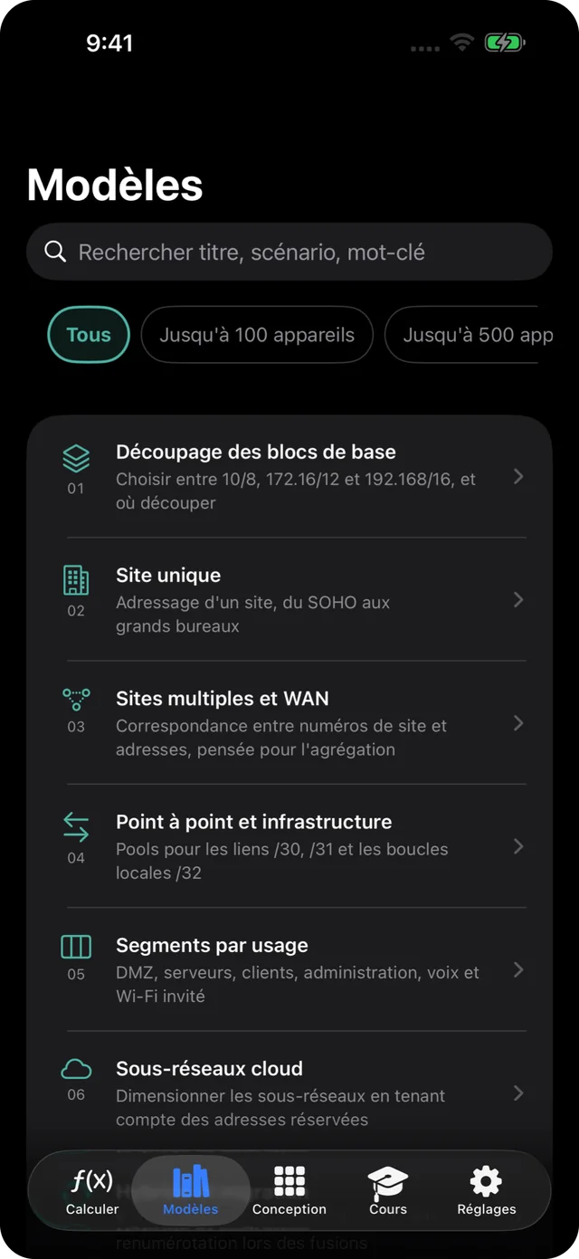 Liste des modèles en 9 catégories