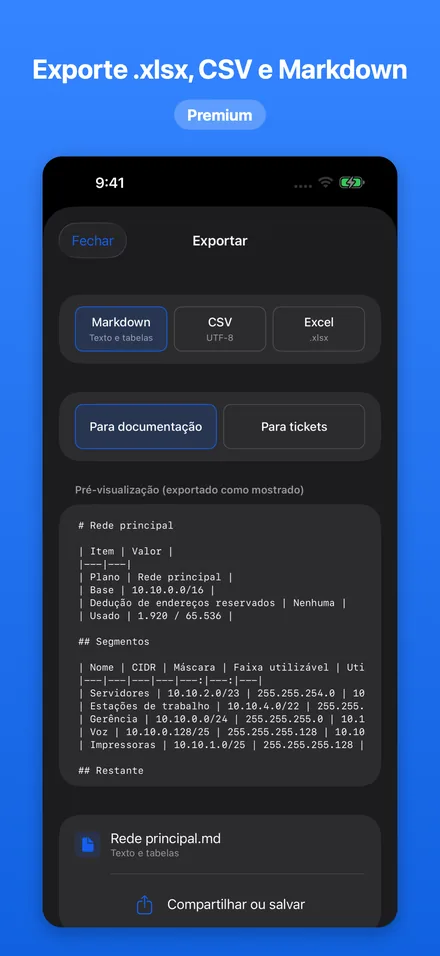 Exporte .xlsx, CSV e Markdown