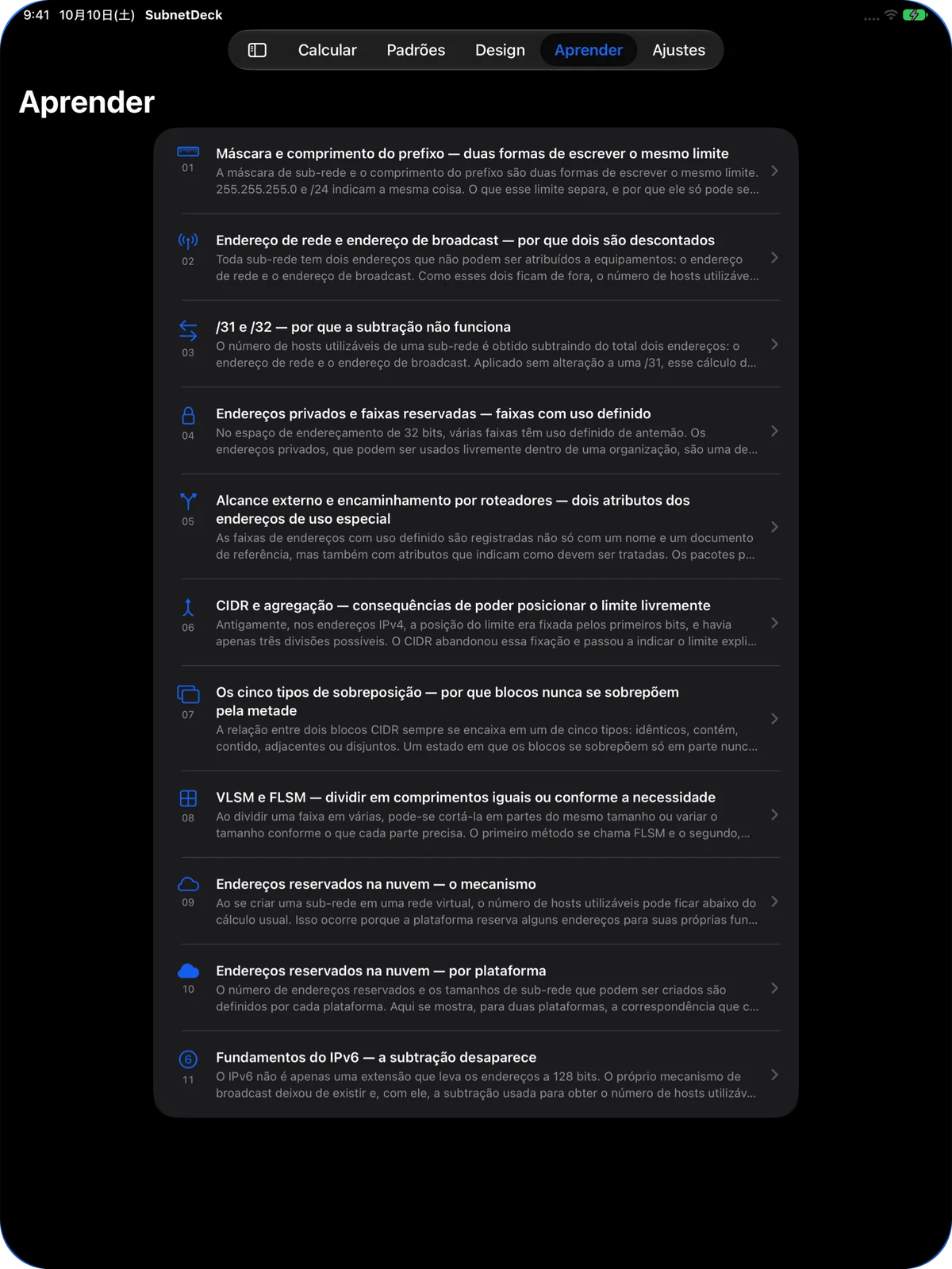 Aba Aprender no iPad com os 11 temas