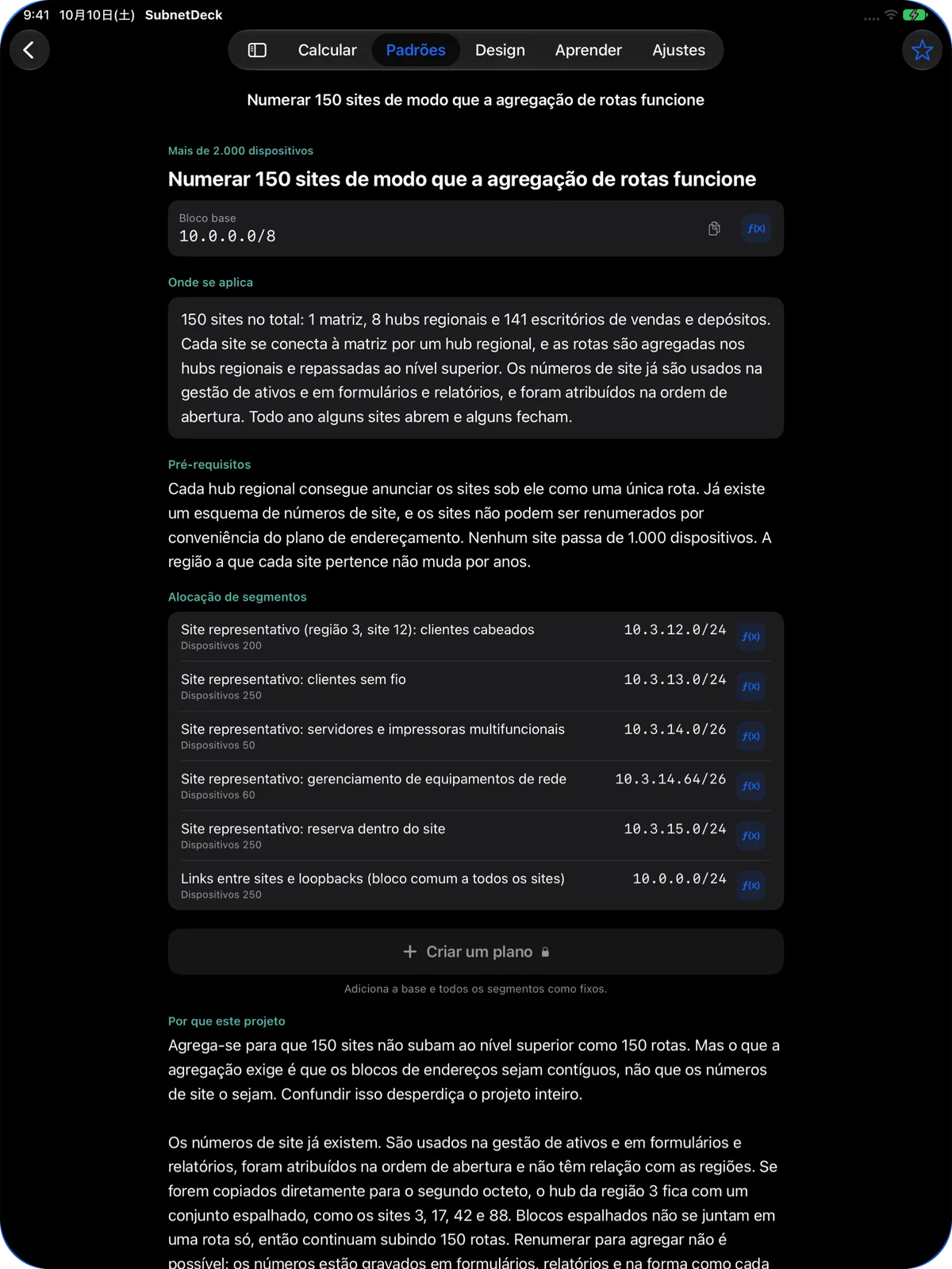 Um padrão gratuito no iPad: numerar 150 sites para que a agregação de rotas funcione