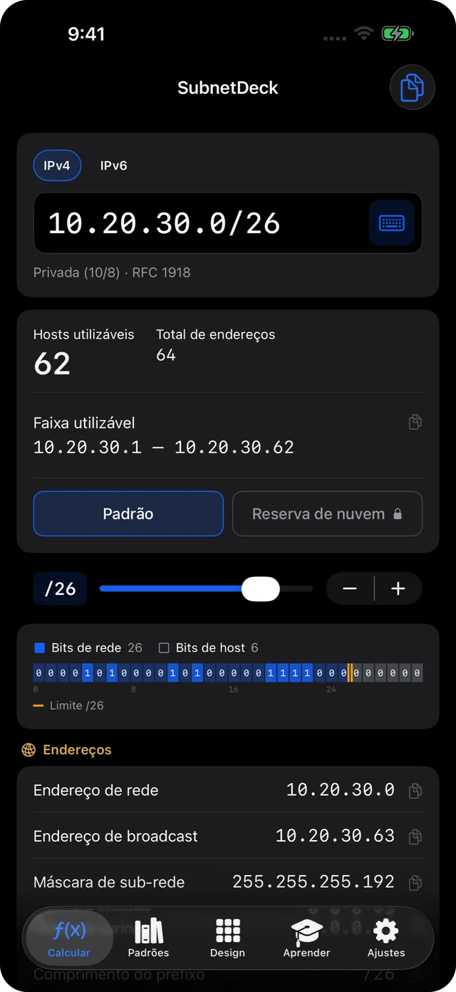 Cálculo de sub-rede IPv4 para 10.20.30.0/26