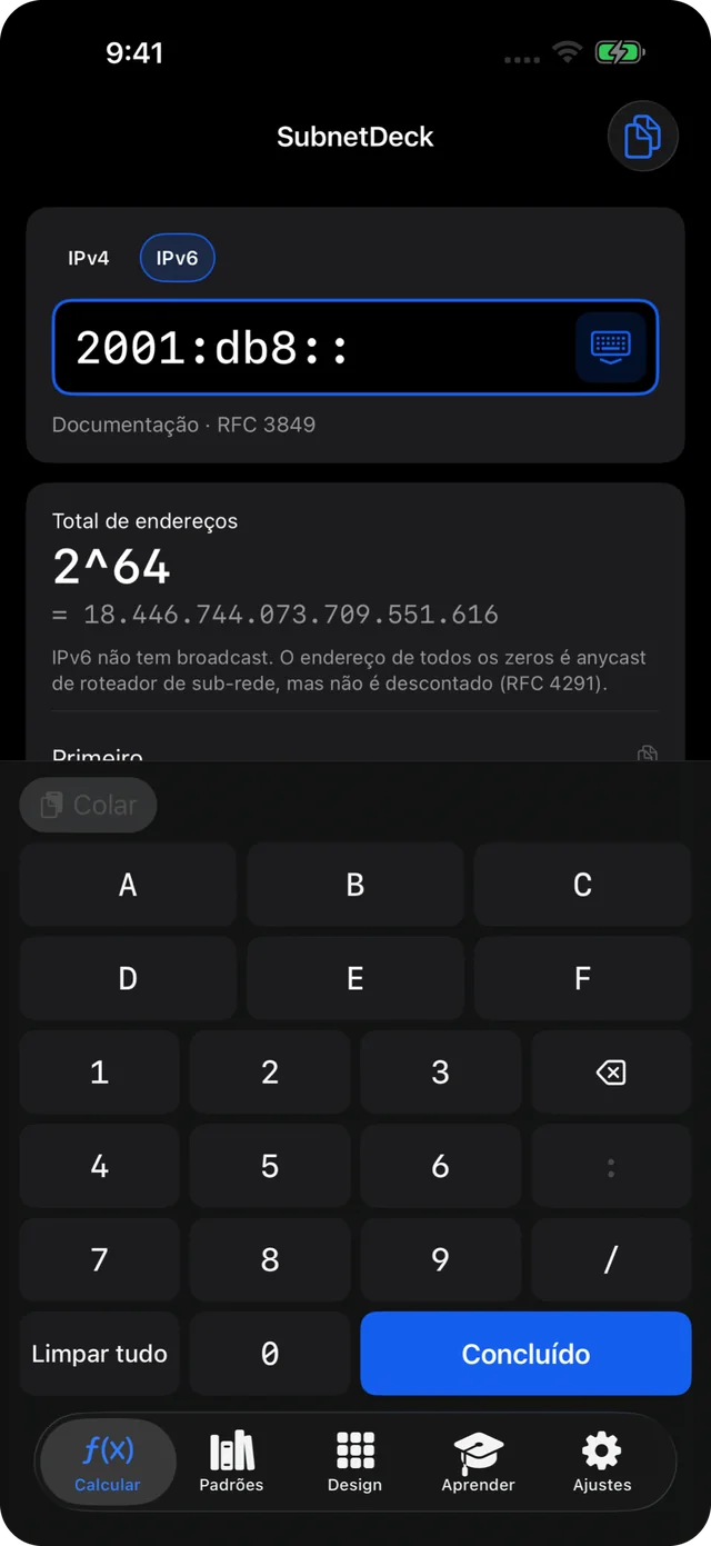 Cálculo de sub-rede IPv6: 2001:db8::/64 no teclado hexadecimal