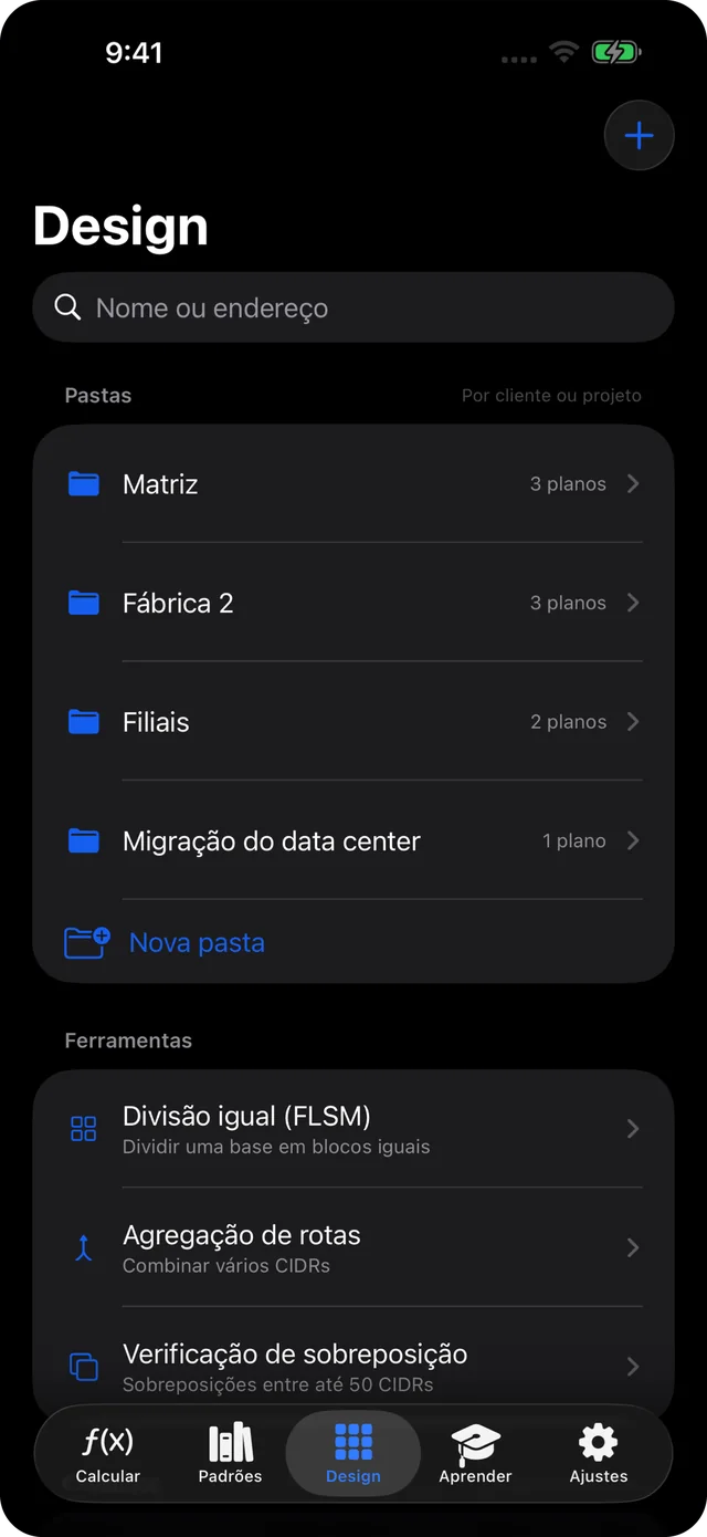 Aba Design com uma pasta por site