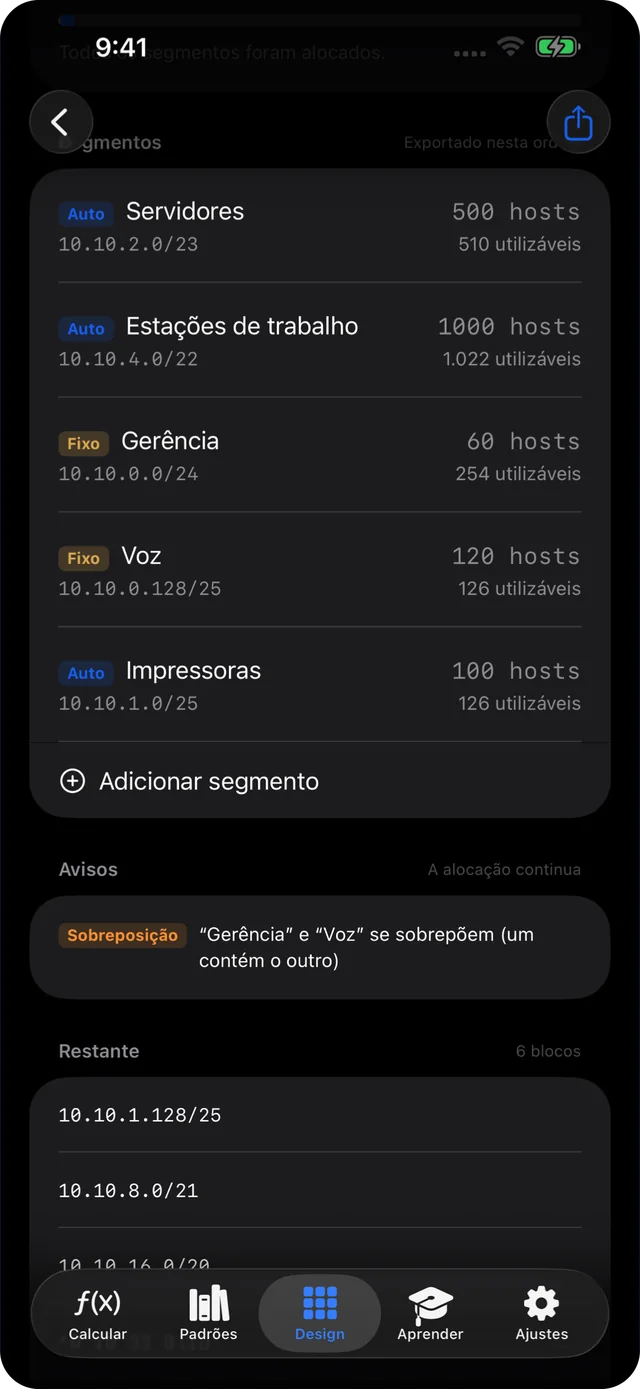 Alocação VLSM automática para segmentos de servidores, estações, gerência, voz e impressoras