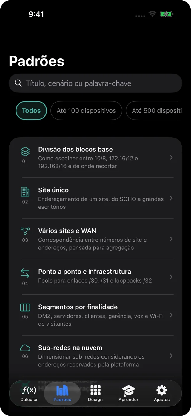 Lista de padrões em 9 categorias